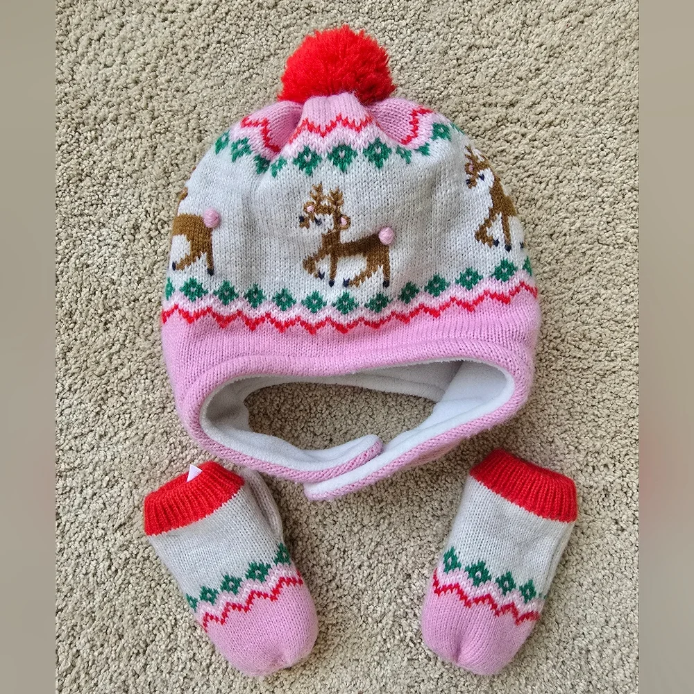 Boden Kids Reindeer Knit Hat and Mittens - Pink and Red